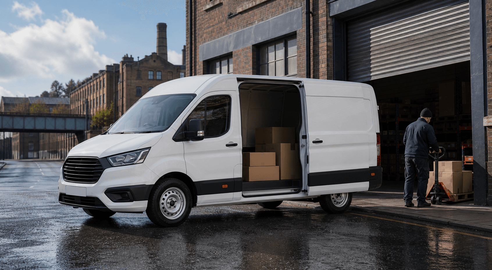 Modern self-drive rental van ready for loading in Oldham